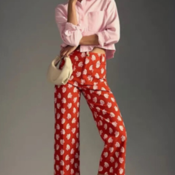 Anthropologie Maeve Red Pants with White Shell Pattern - Picture 5 of 6